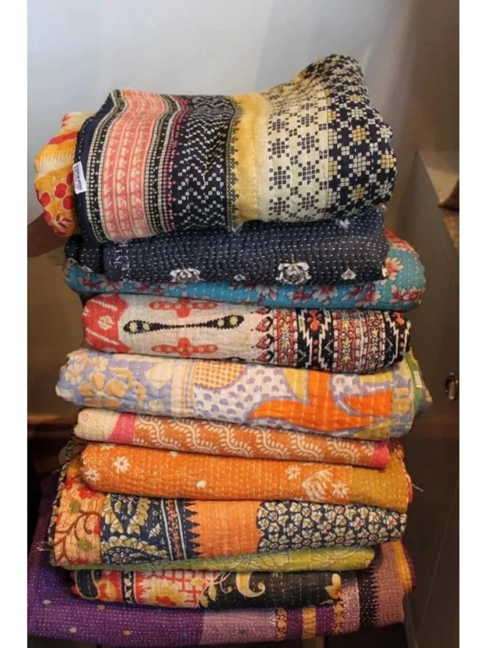 Handmade Vintage Kantha Quilt - Boho Bedding Throw Blanket, Old Saree Bedspread